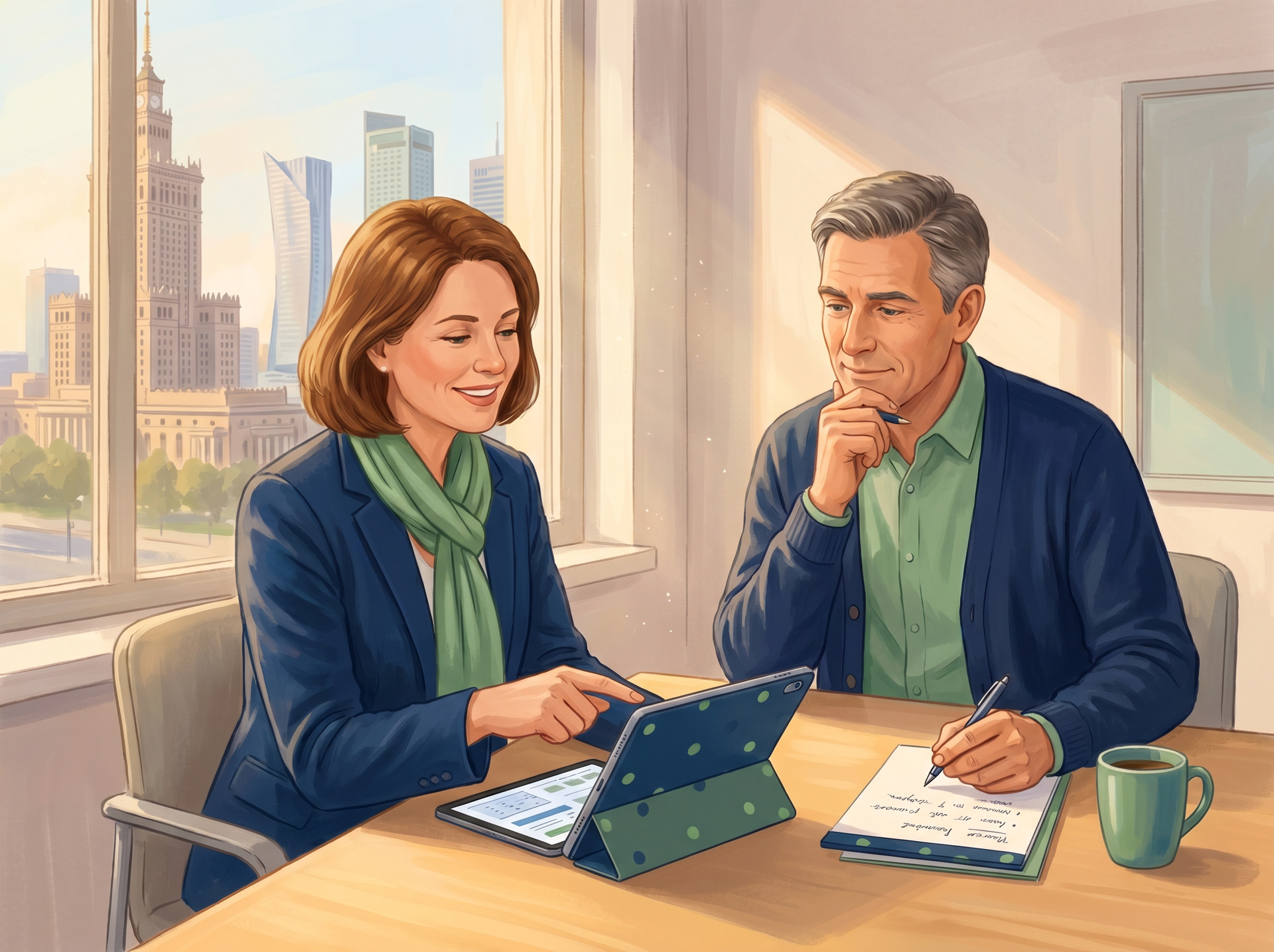 A benefits consultant and an HR director reviewing employee needs at a Warsaw office